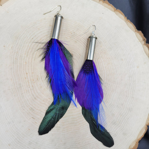 Extra Long Bright .38 Special Bullet Feather Earrings