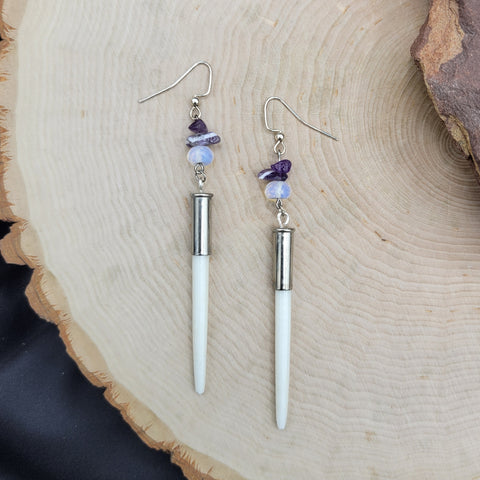 Albino Porcupine Quill, Faceted Opalite, & Chevron Amethyst Earrings