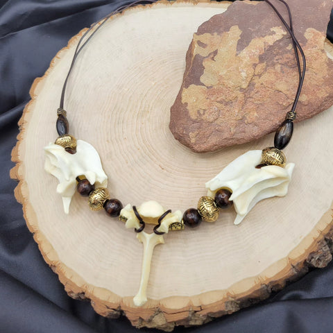 Tribal Coyote Bone, Leather & Wood Necklace