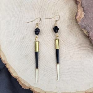 Fancy Porcupine Quill & Black Skull Earrings