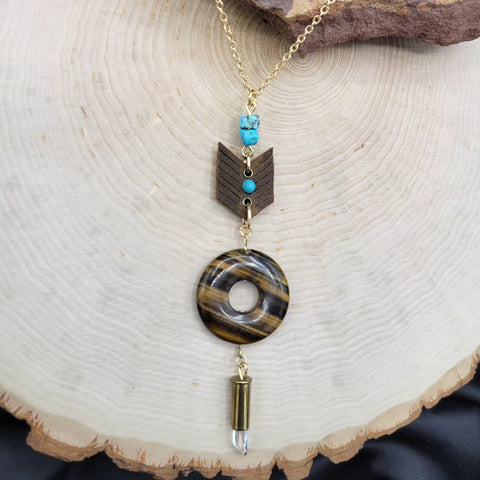 Southwestern Tigers Eye, Turquoise & Crystal Bullet Statement Necklace