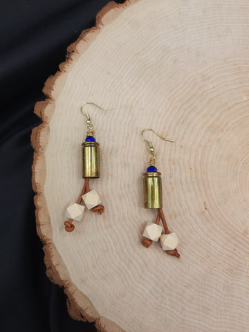 Brass 9mm Earrings with Knotted Leather, Wood Beads, and Cobalt Blue Crystal Bead Detail
