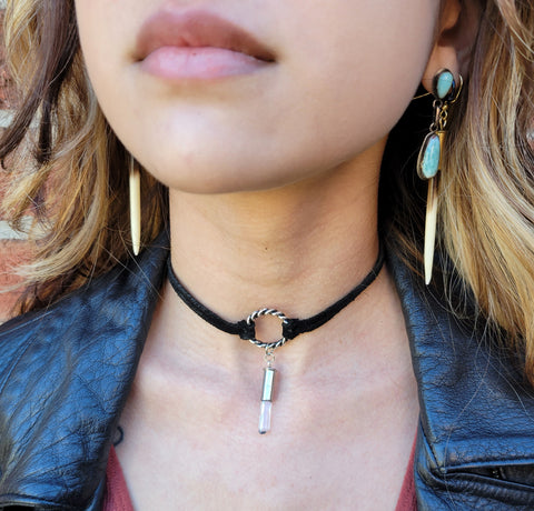 Leather and Bullet O-ring Choker - Silver w/ crystal bullet charm
