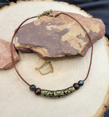 Antiqued Brass, Bloodstone, and Wood Leather Necklace