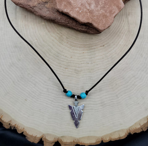 Silver Arrowhead Necklace w/ Turquoise and Leather
