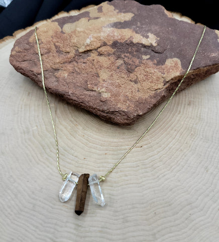Triple Crystal Short Necklace - Clear and Bronze Tinted Quartz