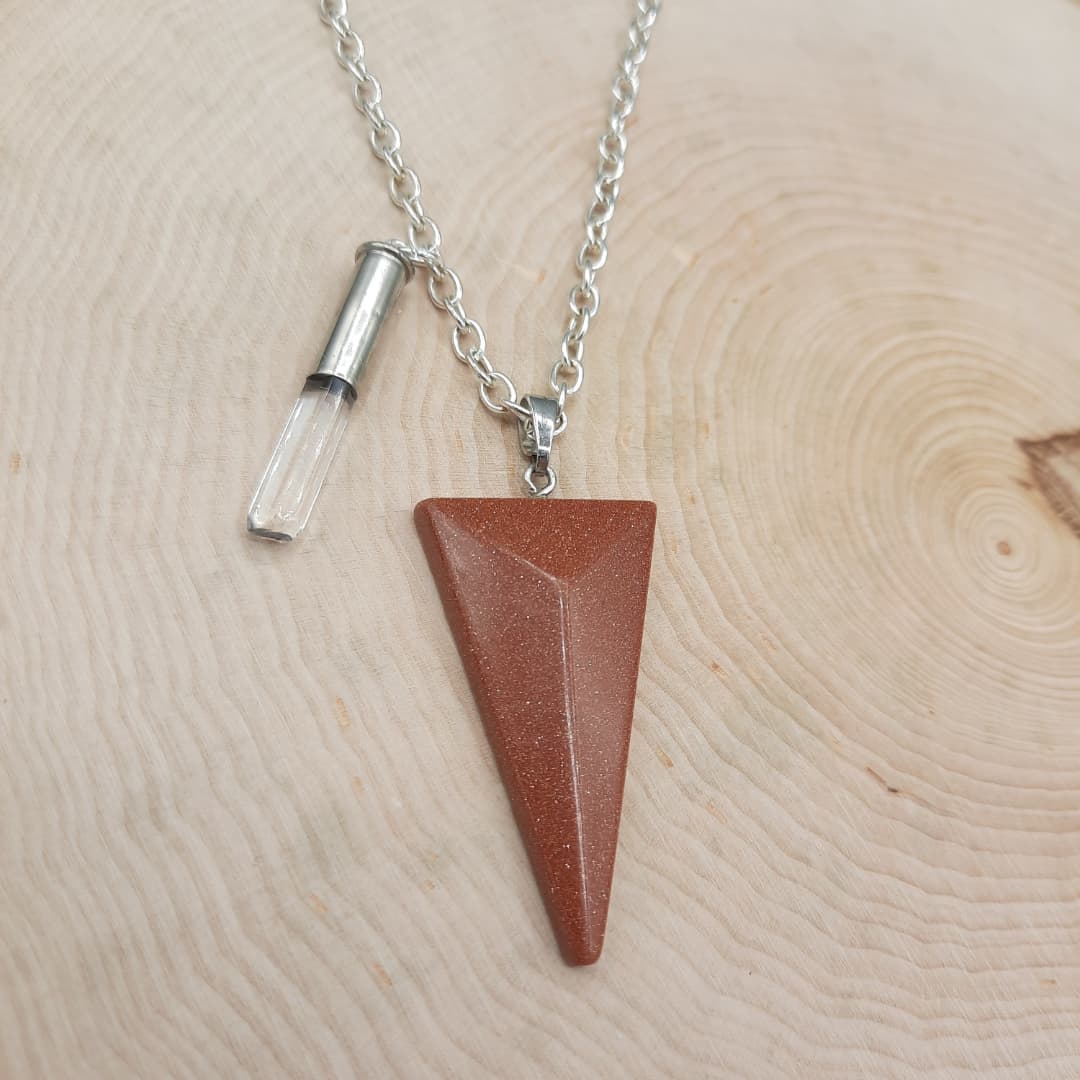 Elongated Triangle Goldstone Pendant and Crystal Bullet 2A Statement Necklace