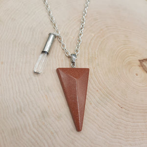 Elongated Triangle Goldstone Pendant and Crystal Bullet 2A Statement Necklace