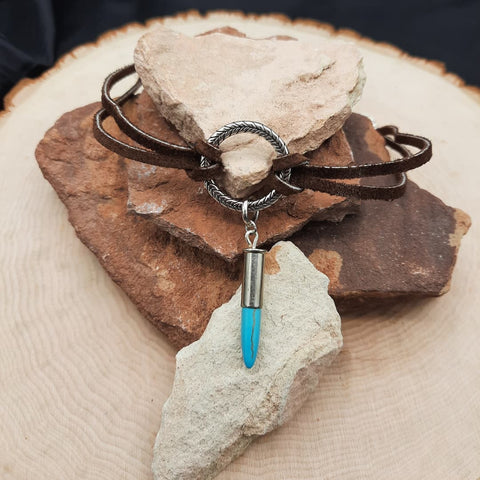 Leather and Bullet O-ring Choker - Silver w/ turquoise spike bullet charm