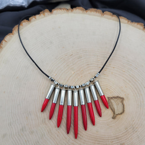Red & Black Leather Spike 2A Statement Necklace