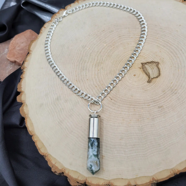 Chunky Moss Agate Crystal Bullet Necklace